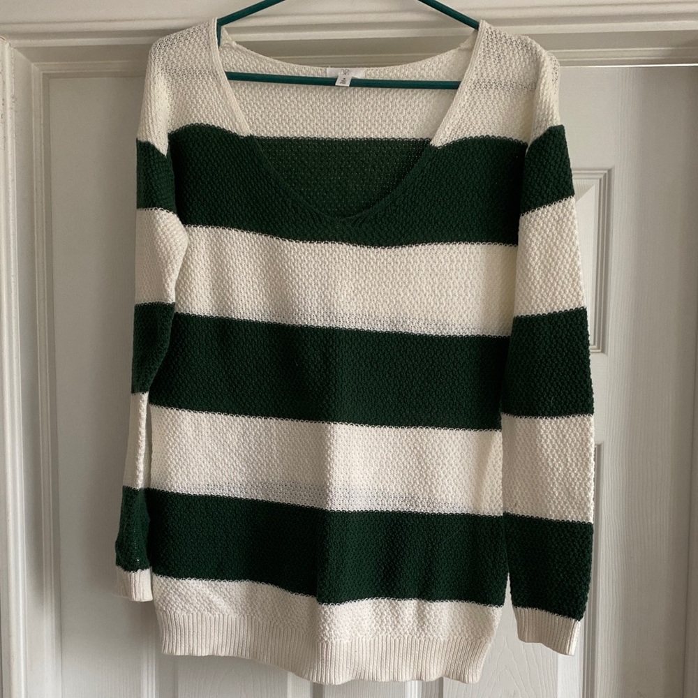 bp Green & White Striped V-Neck Sweater
